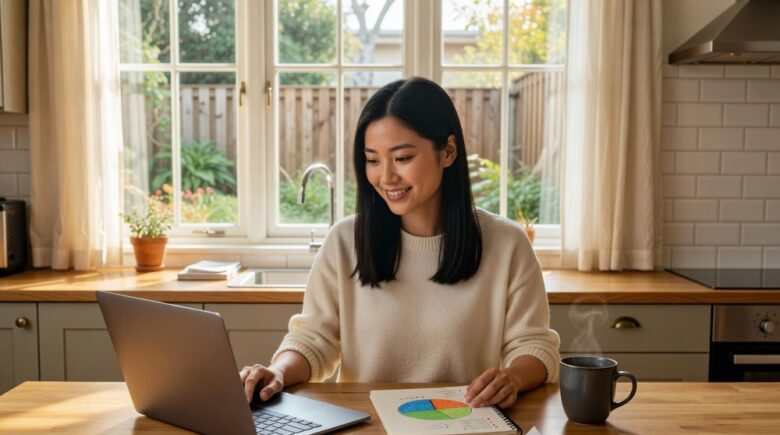 Woman planning budget with pie chart showing the 50/30/20 rule
