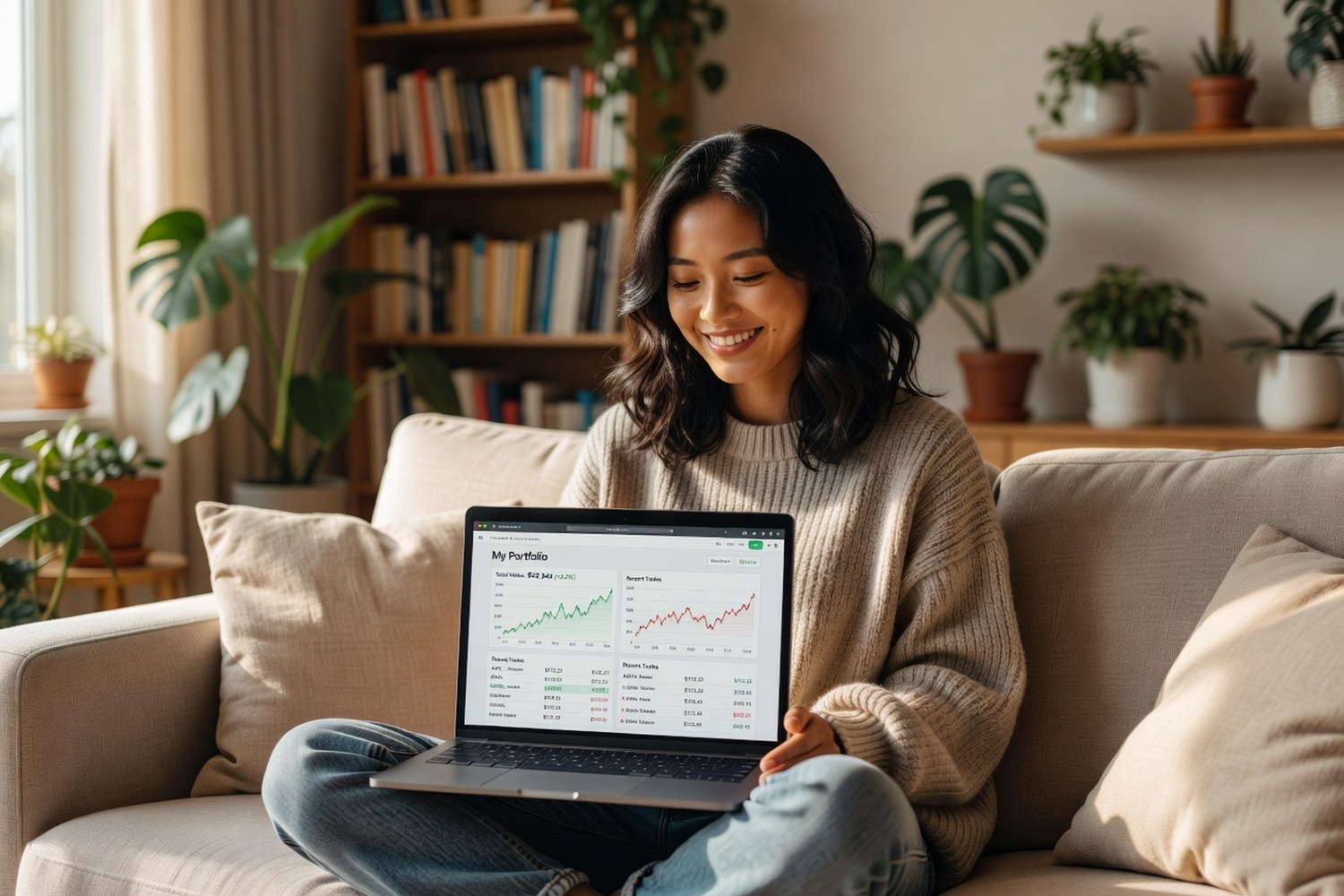 Young woman reviewing her first investment portfolio on laptop at home