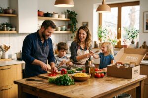 Family preparing a meal kit delivery dinner together in the kitchen