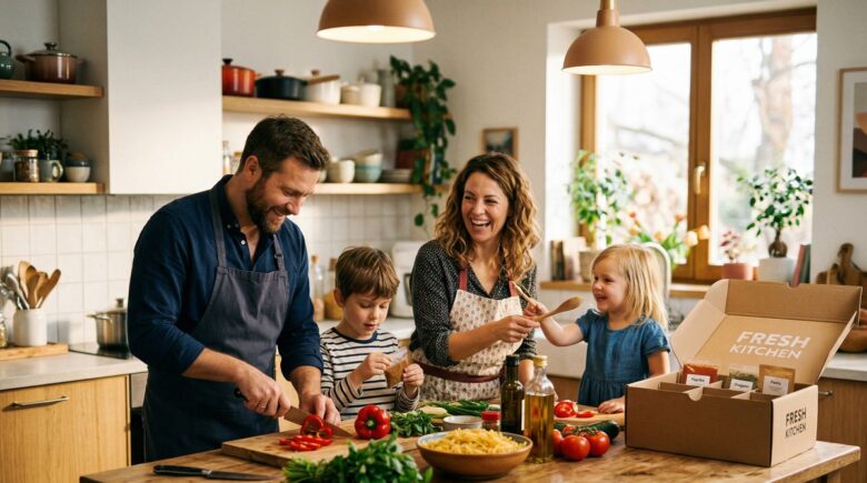 Family preparing a meal kit delivery dinner together in the kitchen