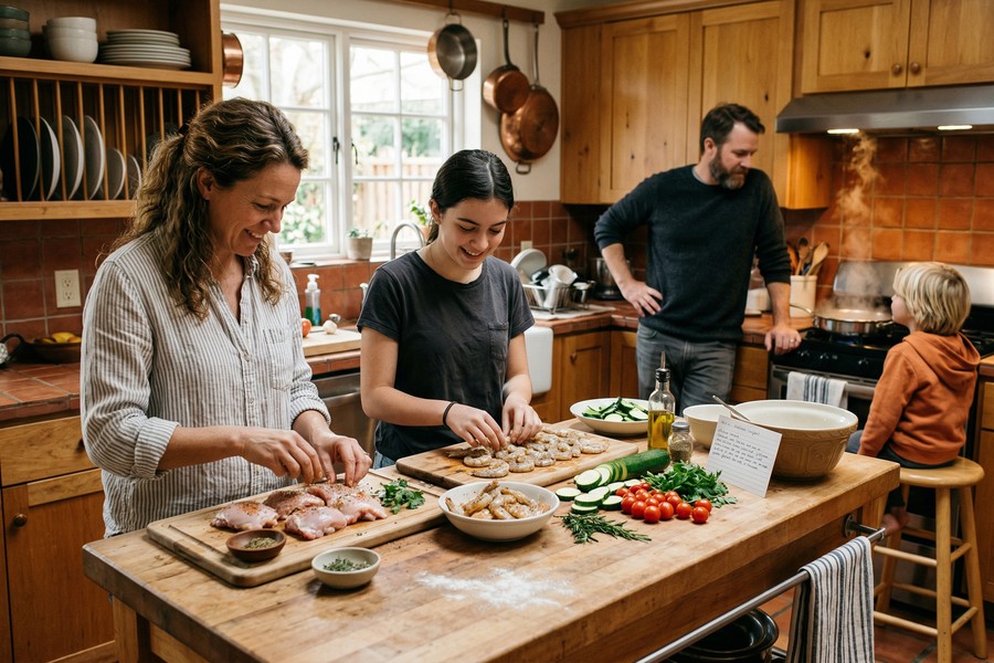 A family preparing a HelloFresh meal kit together in a bright home kitchen