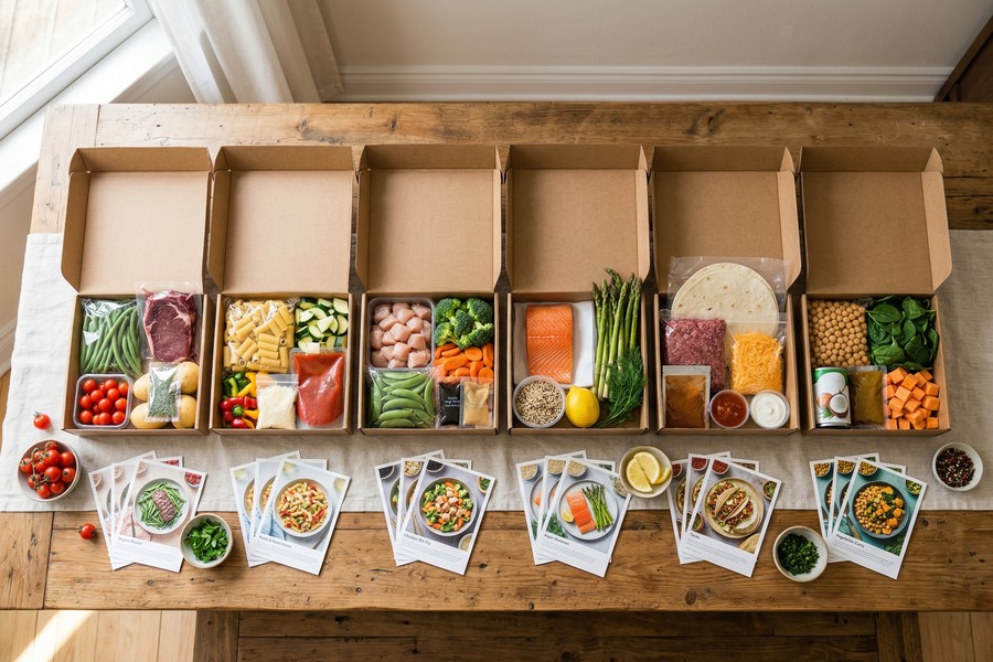 Side-by-side comparison of meal kit boxes from HelloFresh, EveryPlate, and Green Chef