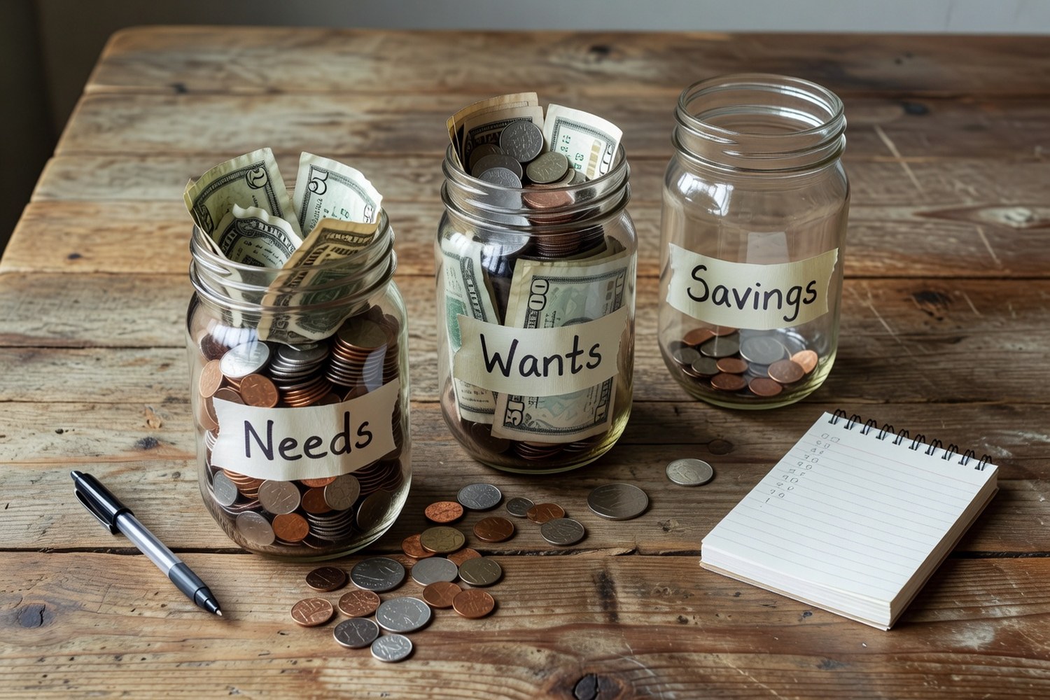 Three glass jars labeled Needs Wants and Savings with money inside