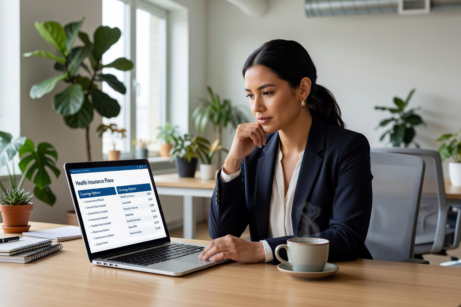 Young professional comparing health insurance options on computer