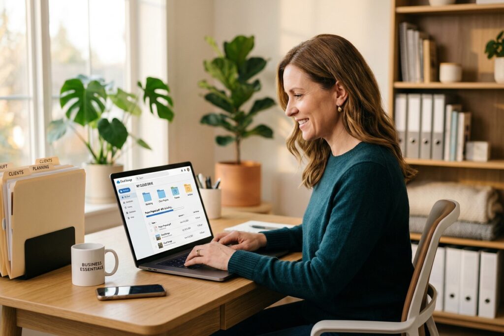 Small business owner comparing cloud storage options on a laptop