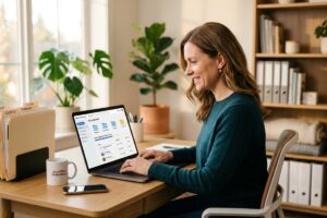 Small business owner comparing cloud storage options on a laptop