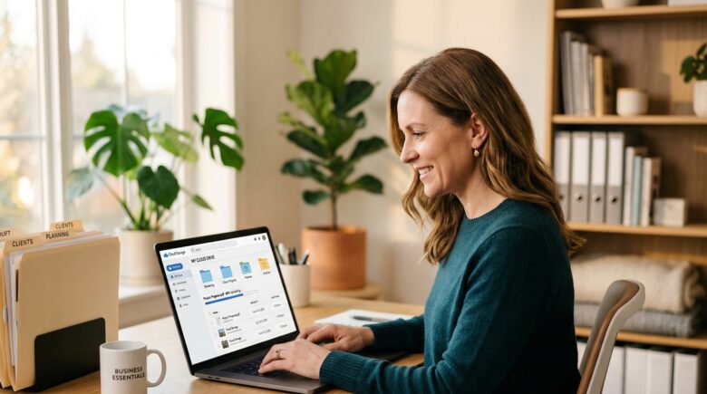 Small business owner comparing cloud storage options on a laptop