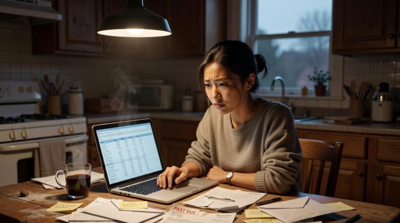 Woman organizing bills and creating debt payoff plan at kitchen table