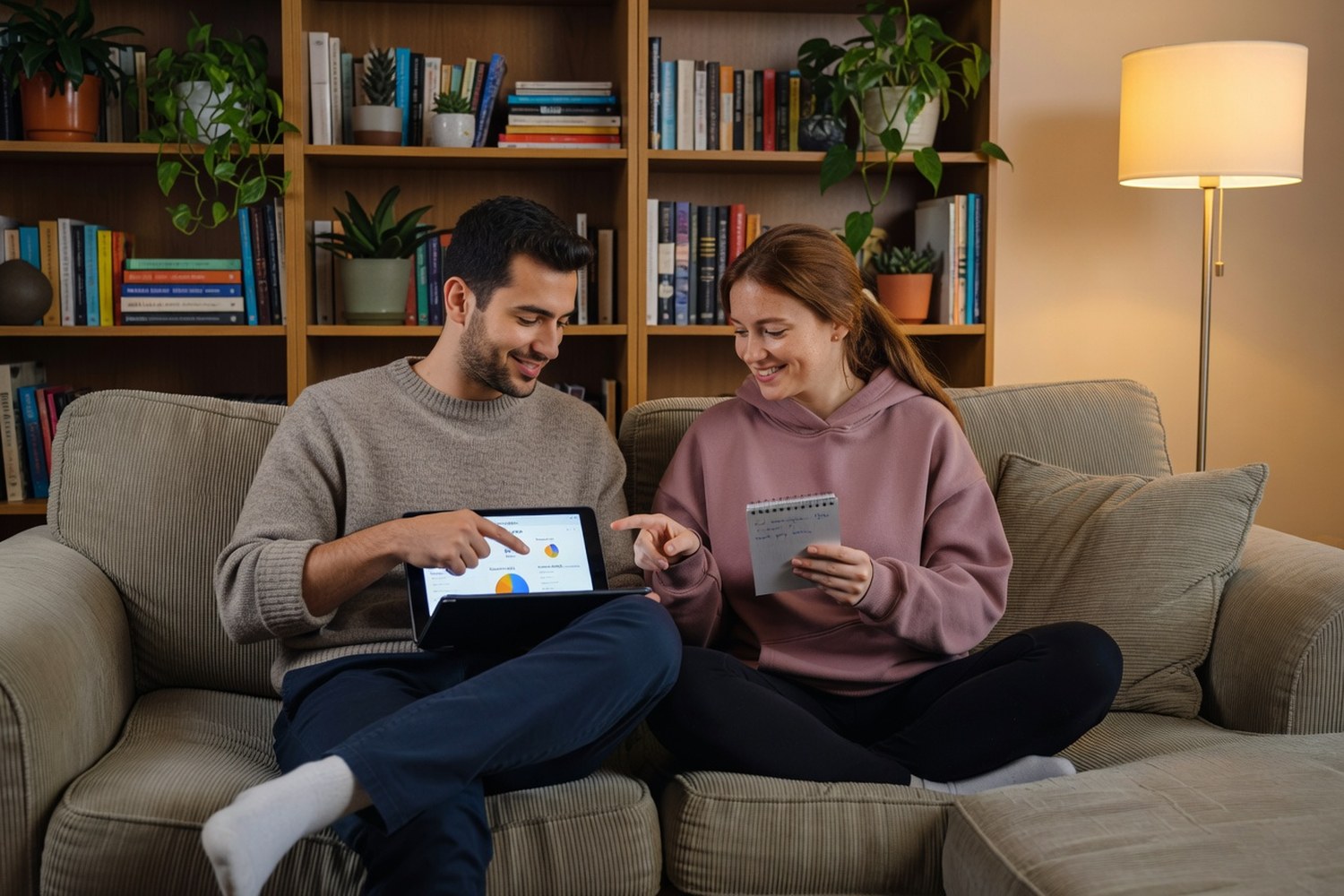 Couple reviewing monthly budget expenses on tablet together