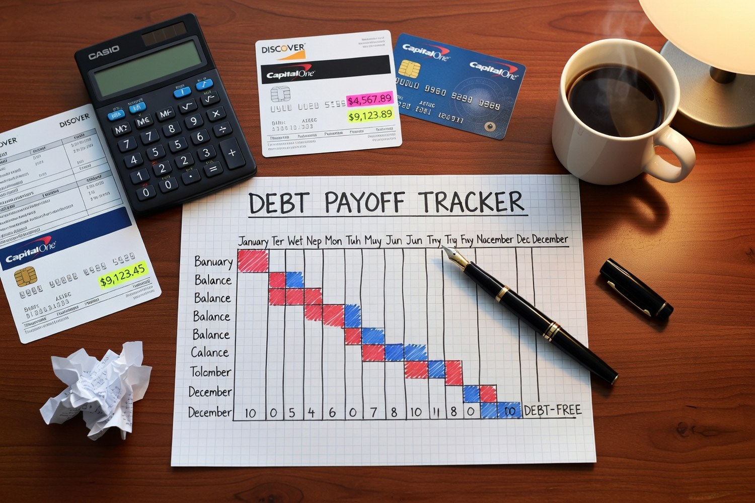 Handwritten debt payoff tracker with calculator and credit card statements