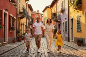 Family of four exploring charming European village street