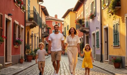 Family of four exploring charming European village street