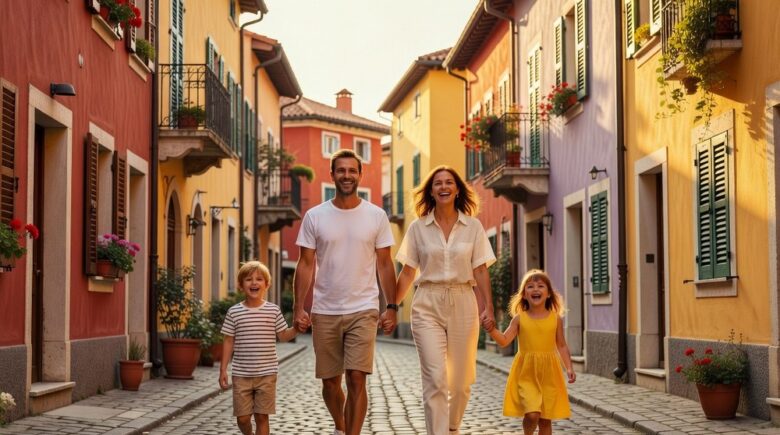Family of four exploring charming European village street
