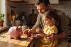 Father teaching daughter about saving with piggy bank