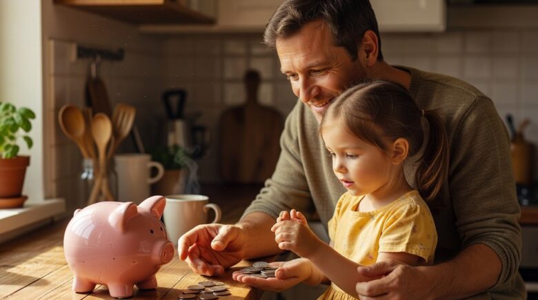 Father teaching daughter about saving with piggy bank