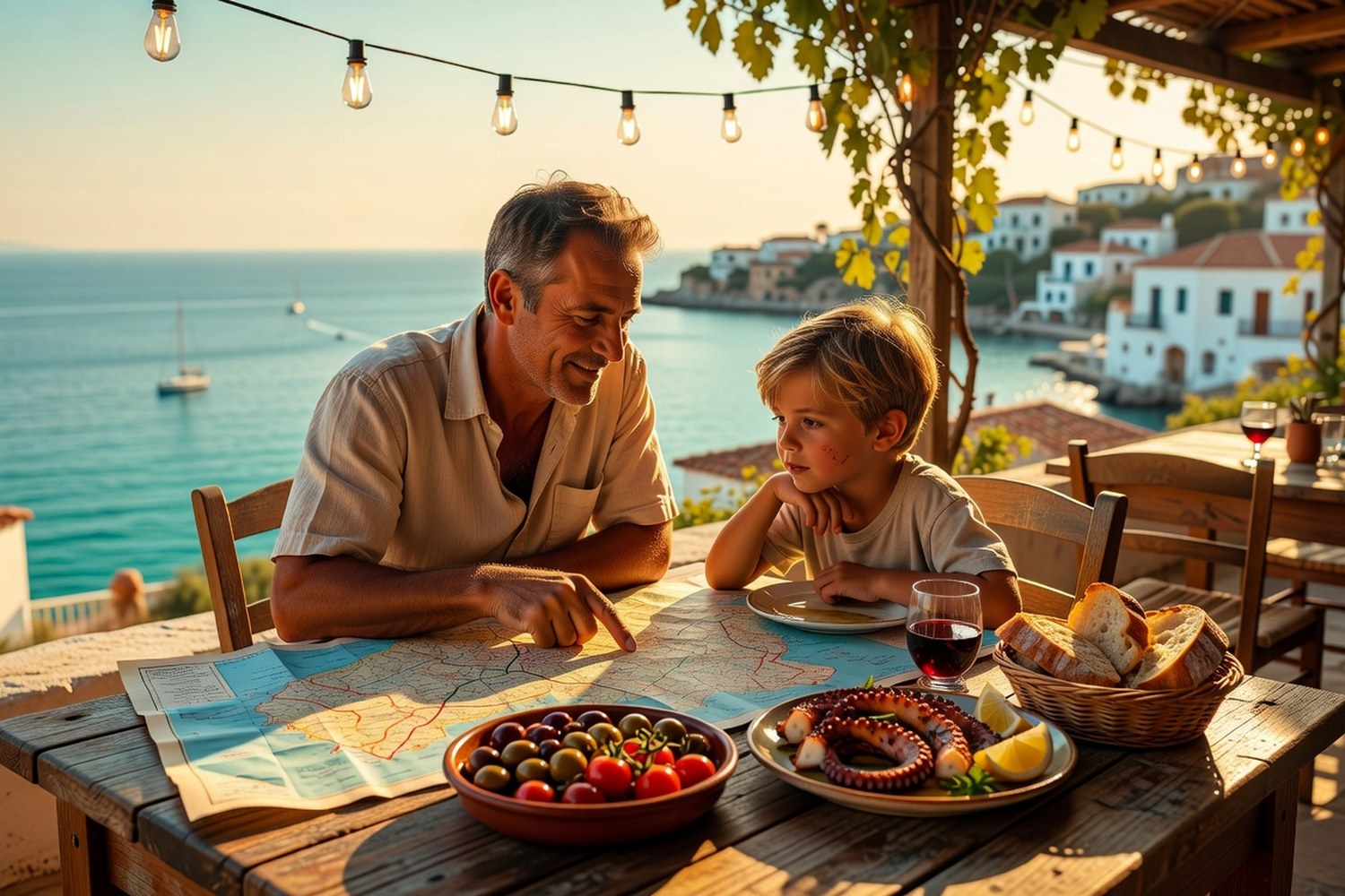 Father and son planning route over dinner on family trip abroad