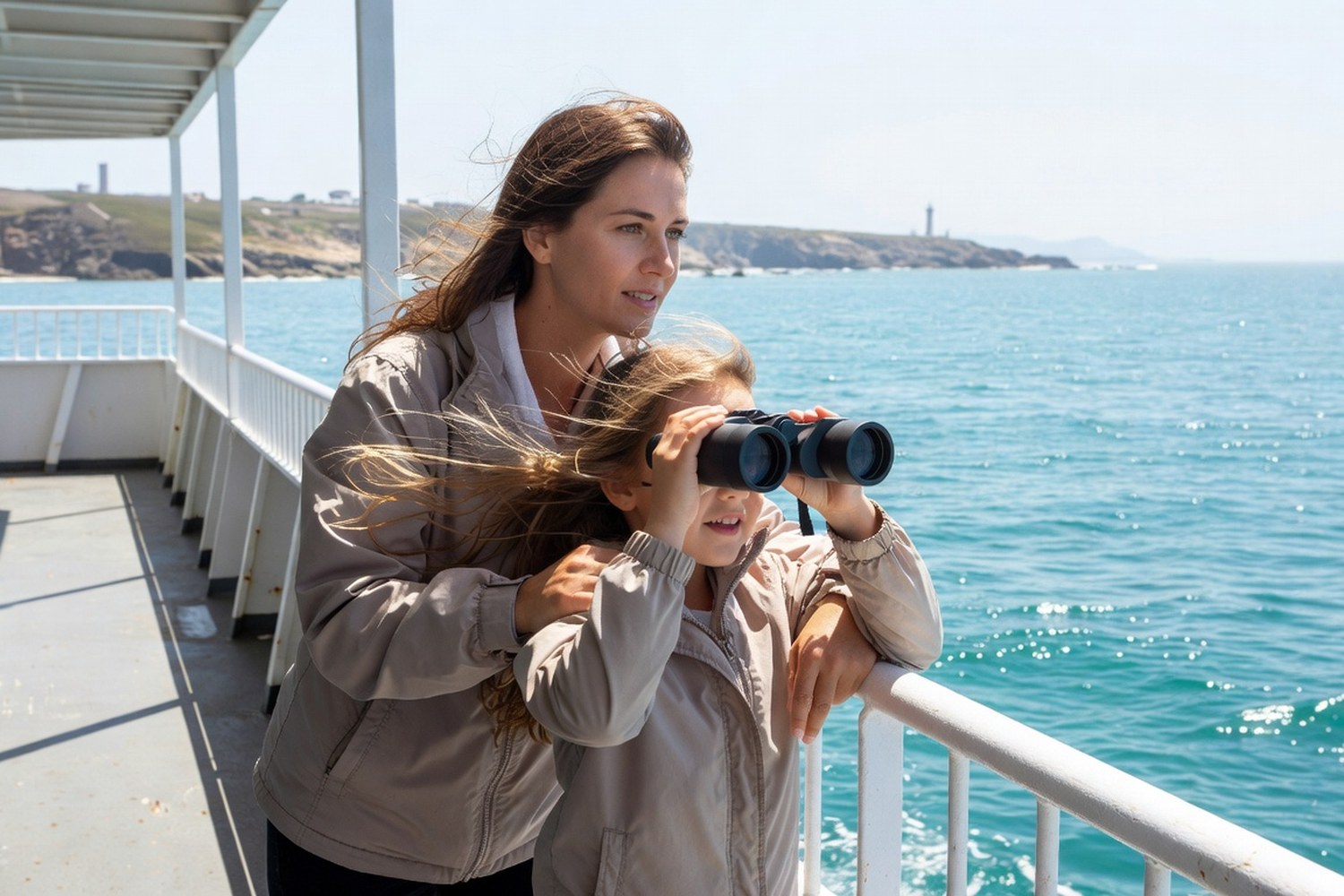 Mother and daughter sightseeing from ferry boat on family vacation