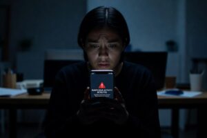 Person looking concerned at suspicious phone notification