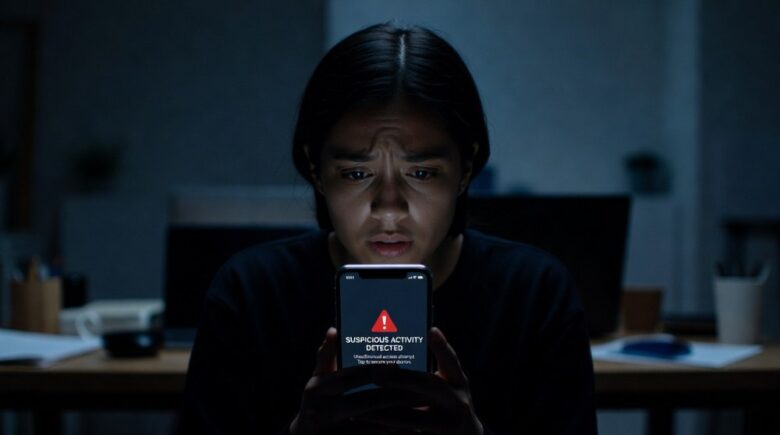 Person looking concerned at suspicious phone notification