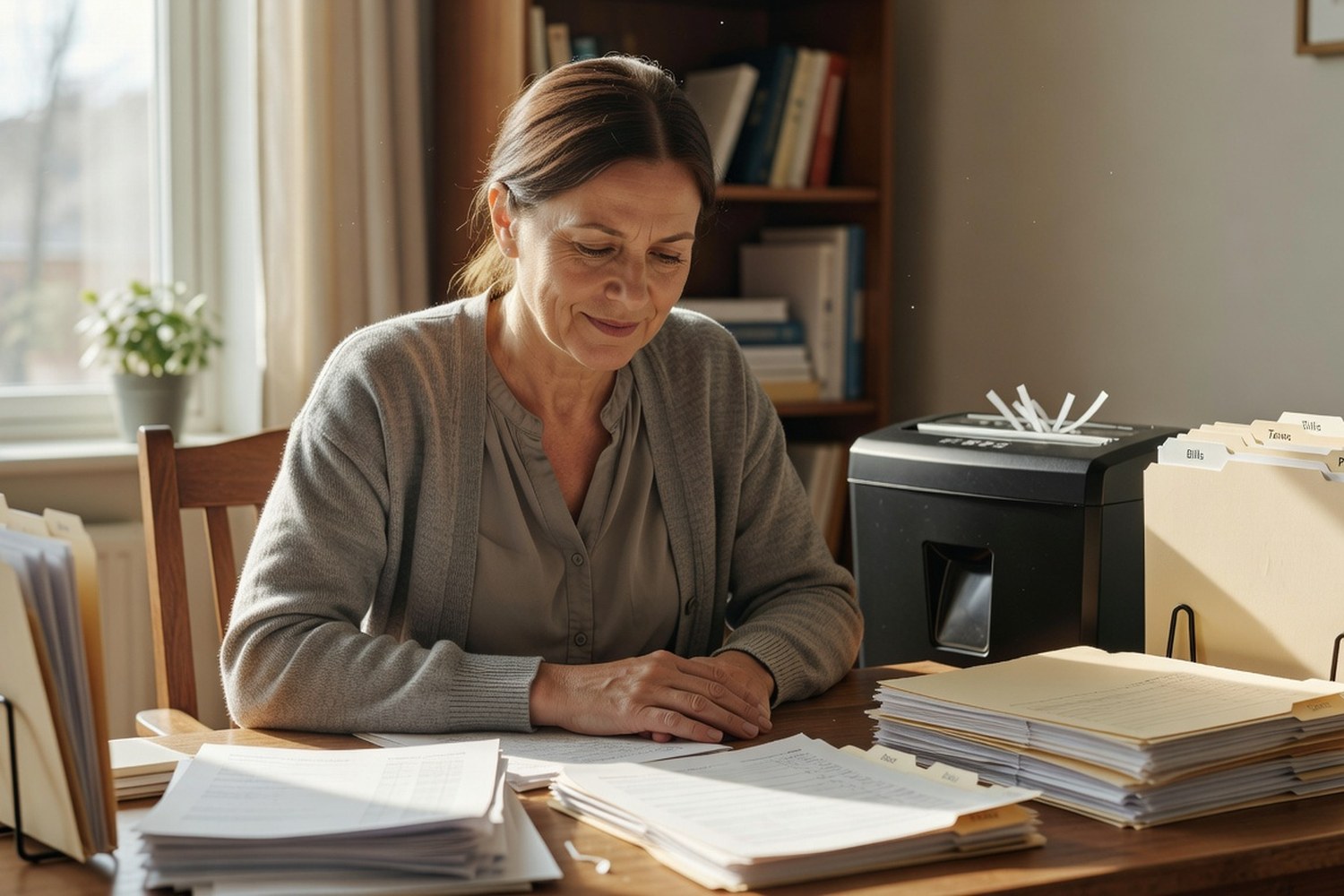 Woman organizing financial documents at home desk with shredder