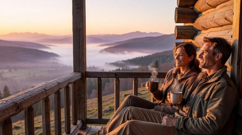 Couple enjoying mountain sunrise in early retirement
