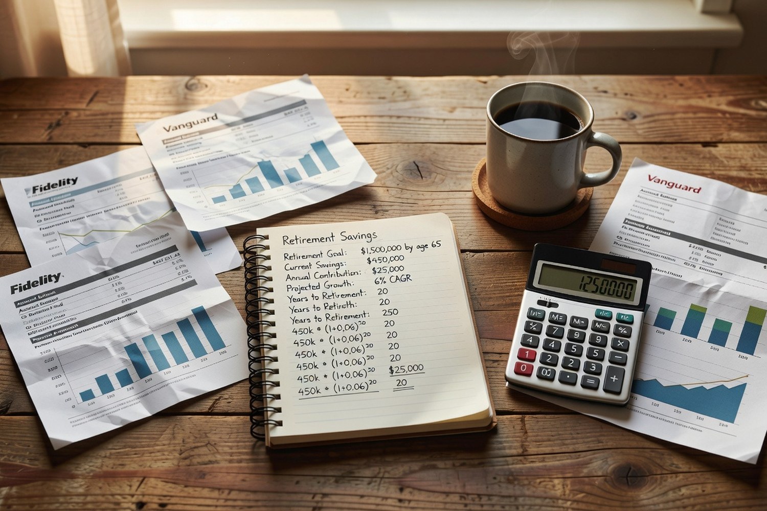 Retirement planning notebook with financial calculations