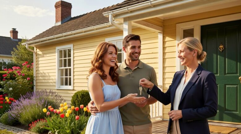 Young couple receiving house keys from real estate agent
