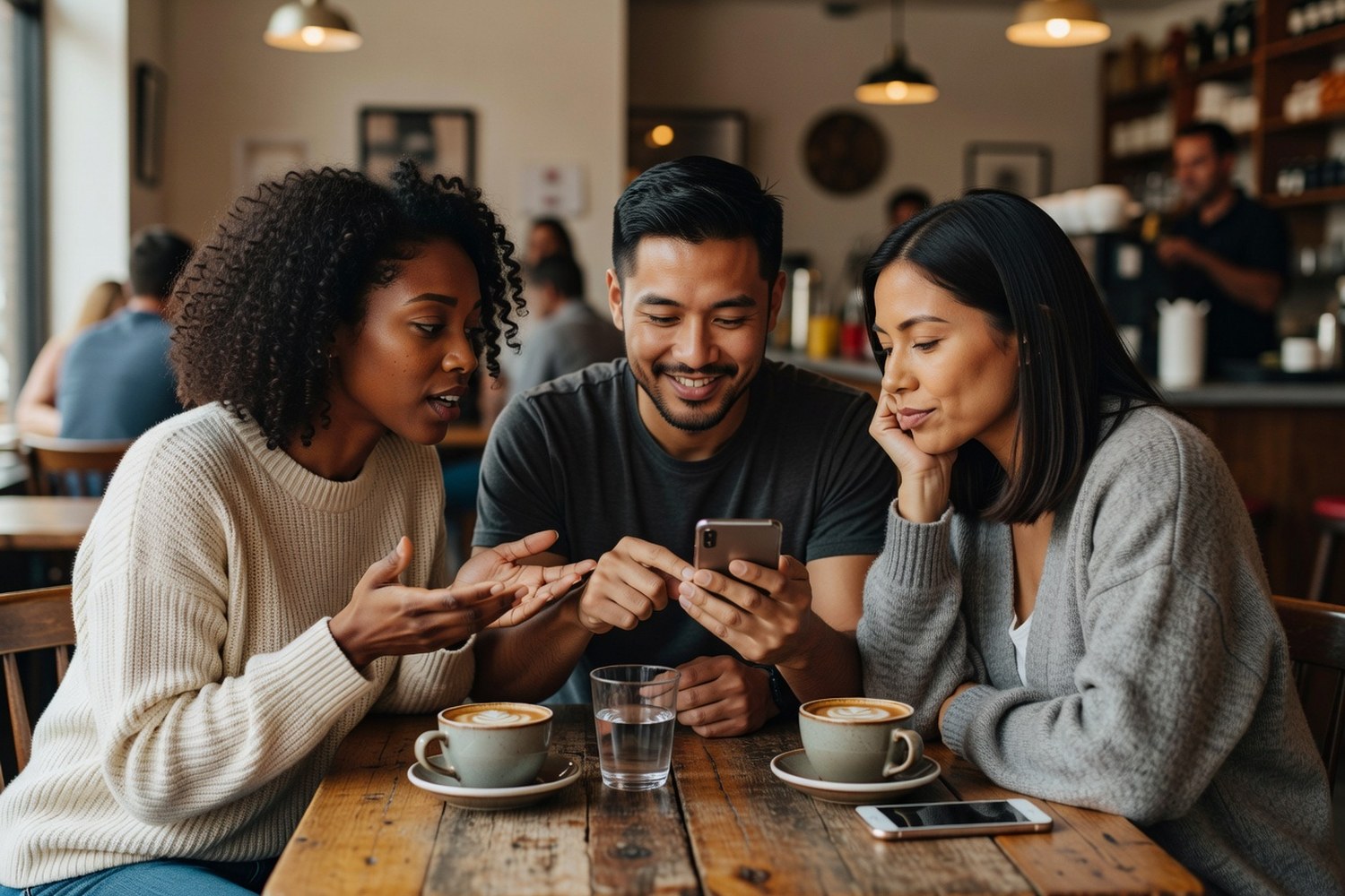 Friends discussing investment strategies at coffee shop