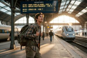 Young backpacker at European train station starting gap year journey