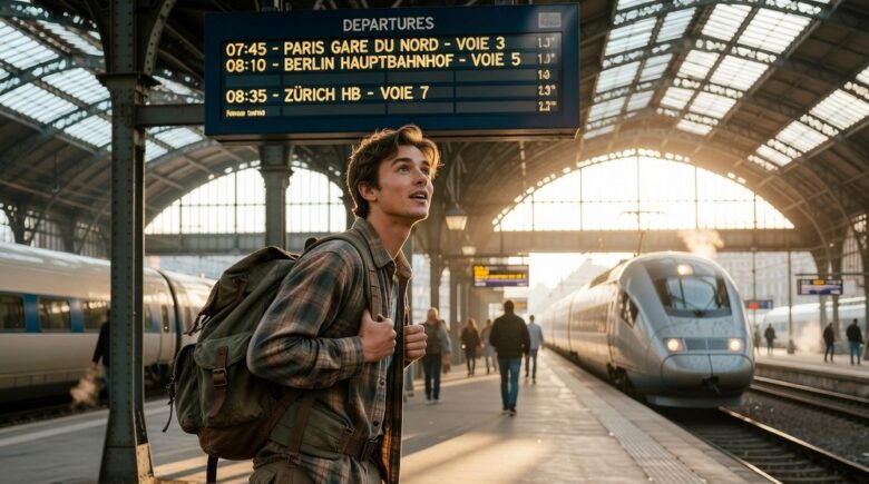 Young backpacker at European train station starting gap year journey