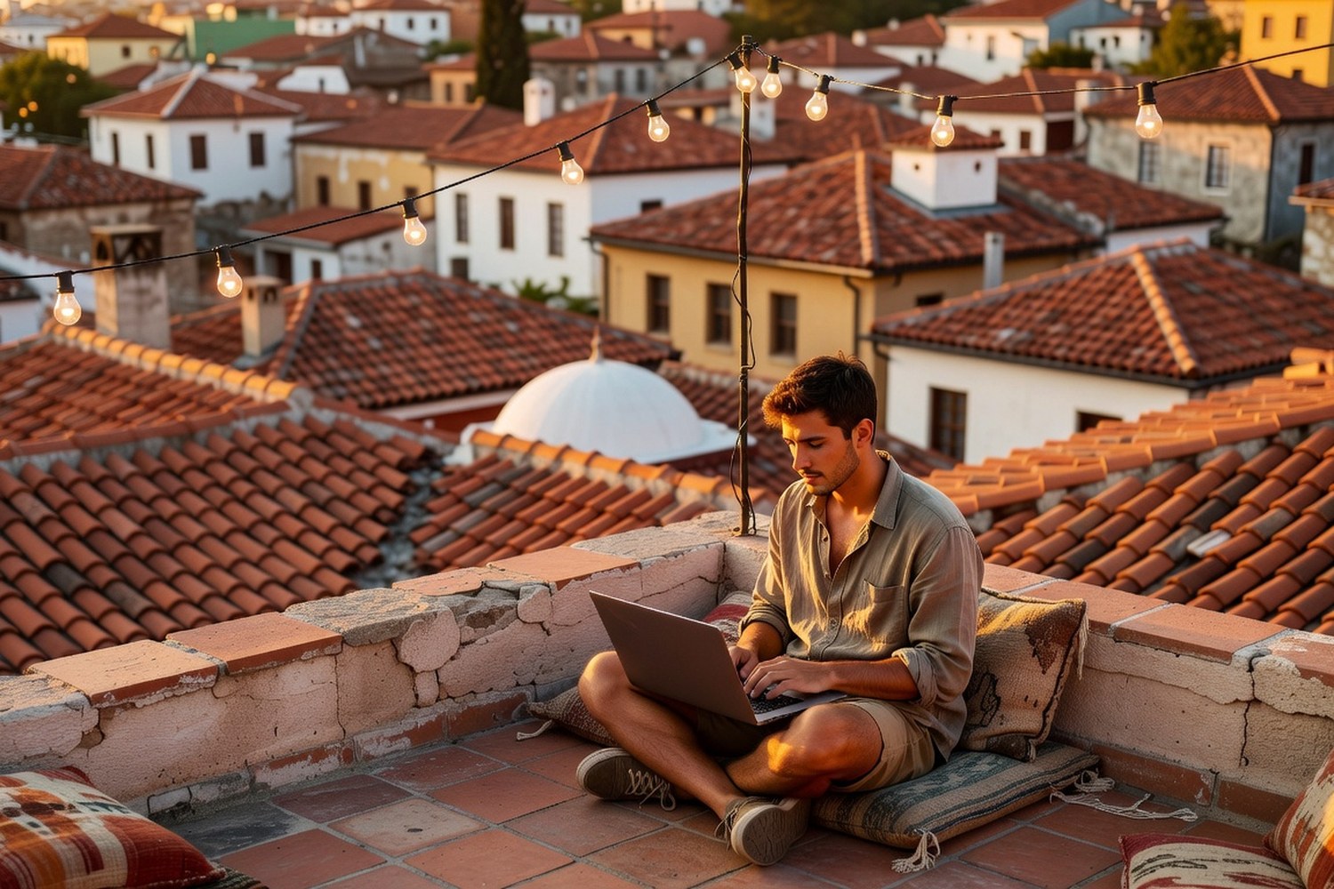 Gap year traveler working remotely from hostel rooftop