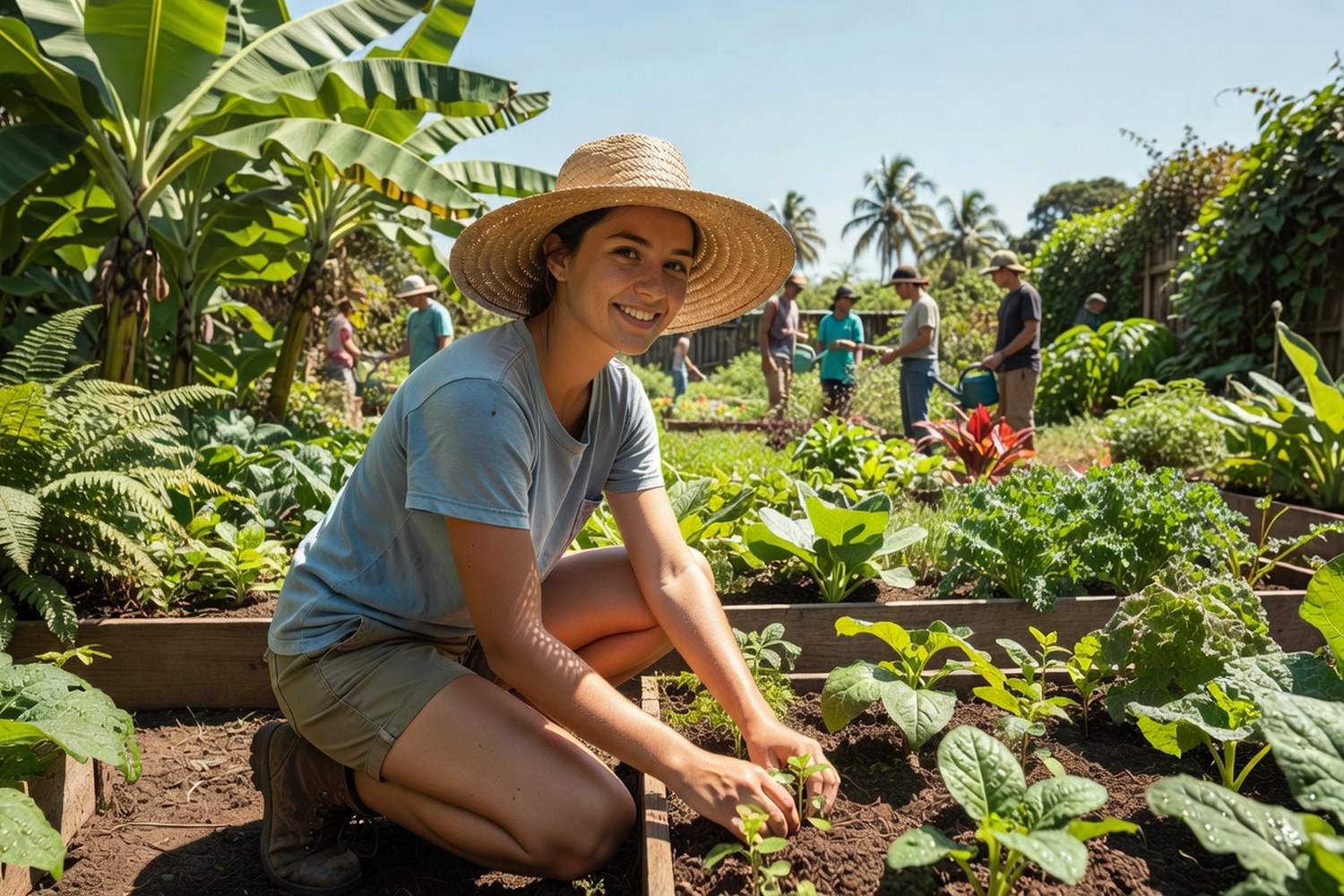 Young volunteer working at community garden during gap year abroad
