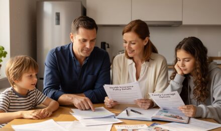 Family reviewing health insurance documents at kitchen table