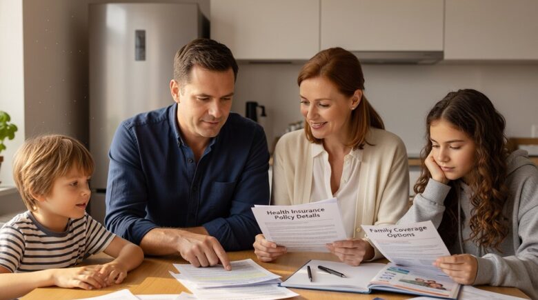 Family reviewing health insurance documents at kitchen table