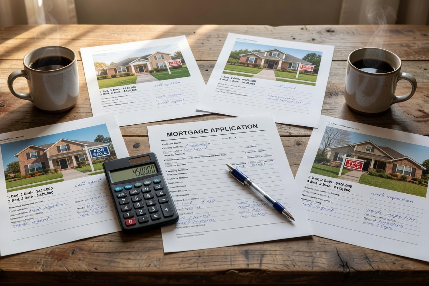 Home buying paperwork and mortgage documents on kitchen table