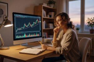 Beginner investor learning how to read stock charts on a computer screen