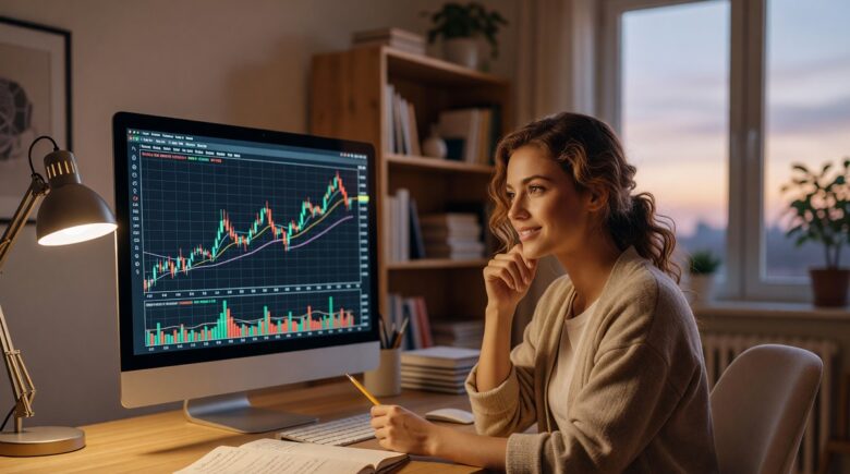 Beginner investor learning how to read stock charts on a computer screen