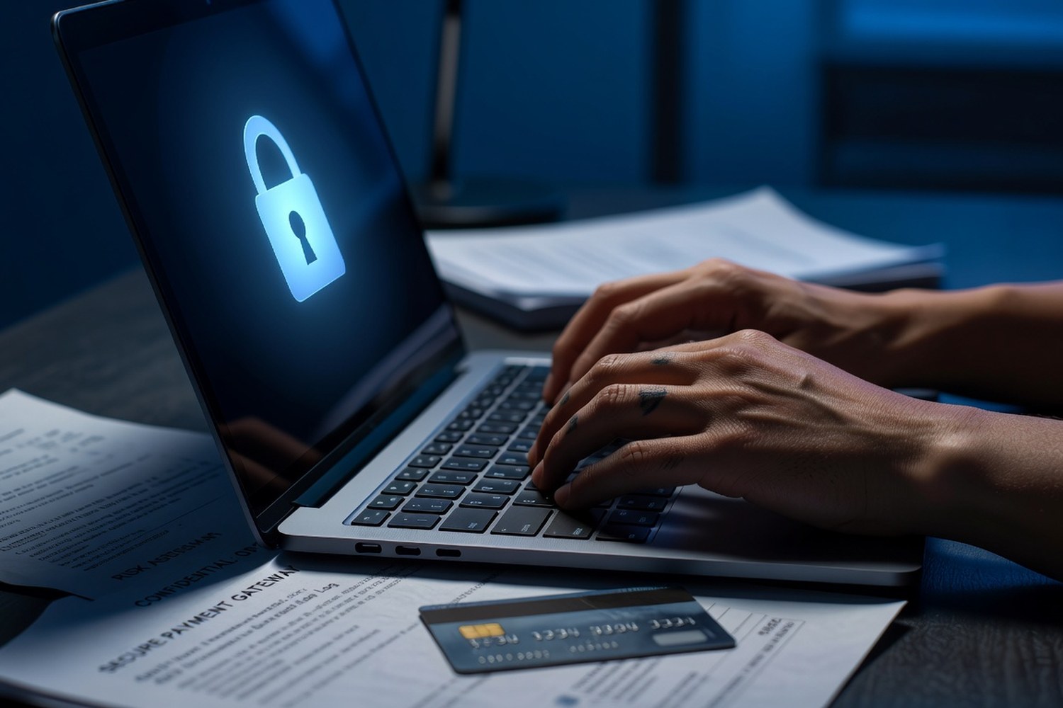 Securing financial accounts on laptop with credit card nearby