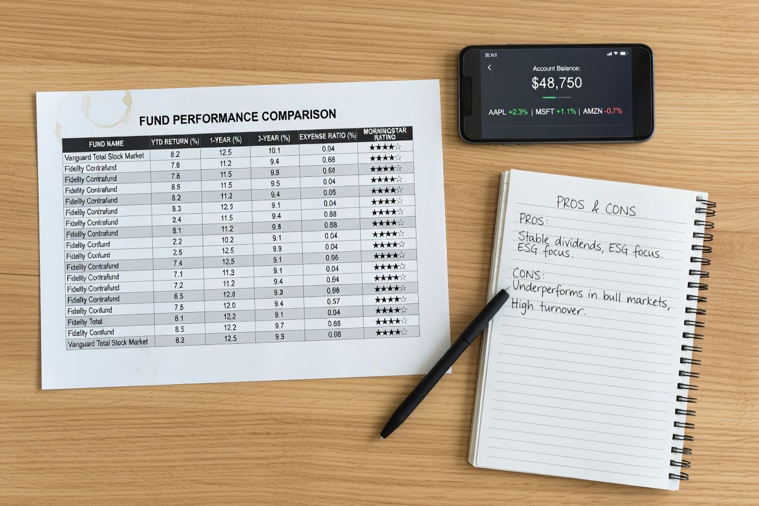 Fund comparison chart with brokerage app and handwritten notes on desk