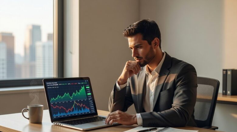 Young professional reviewing investment portfolio on laptop