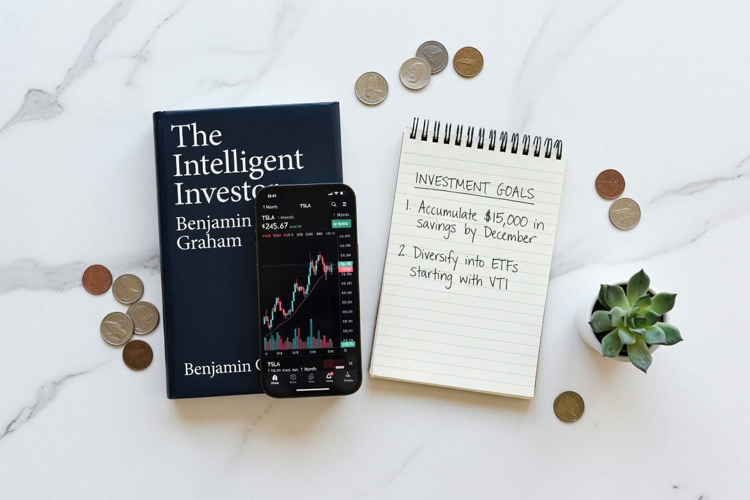 Investing starter kit with phone showing stock chart app and notebook