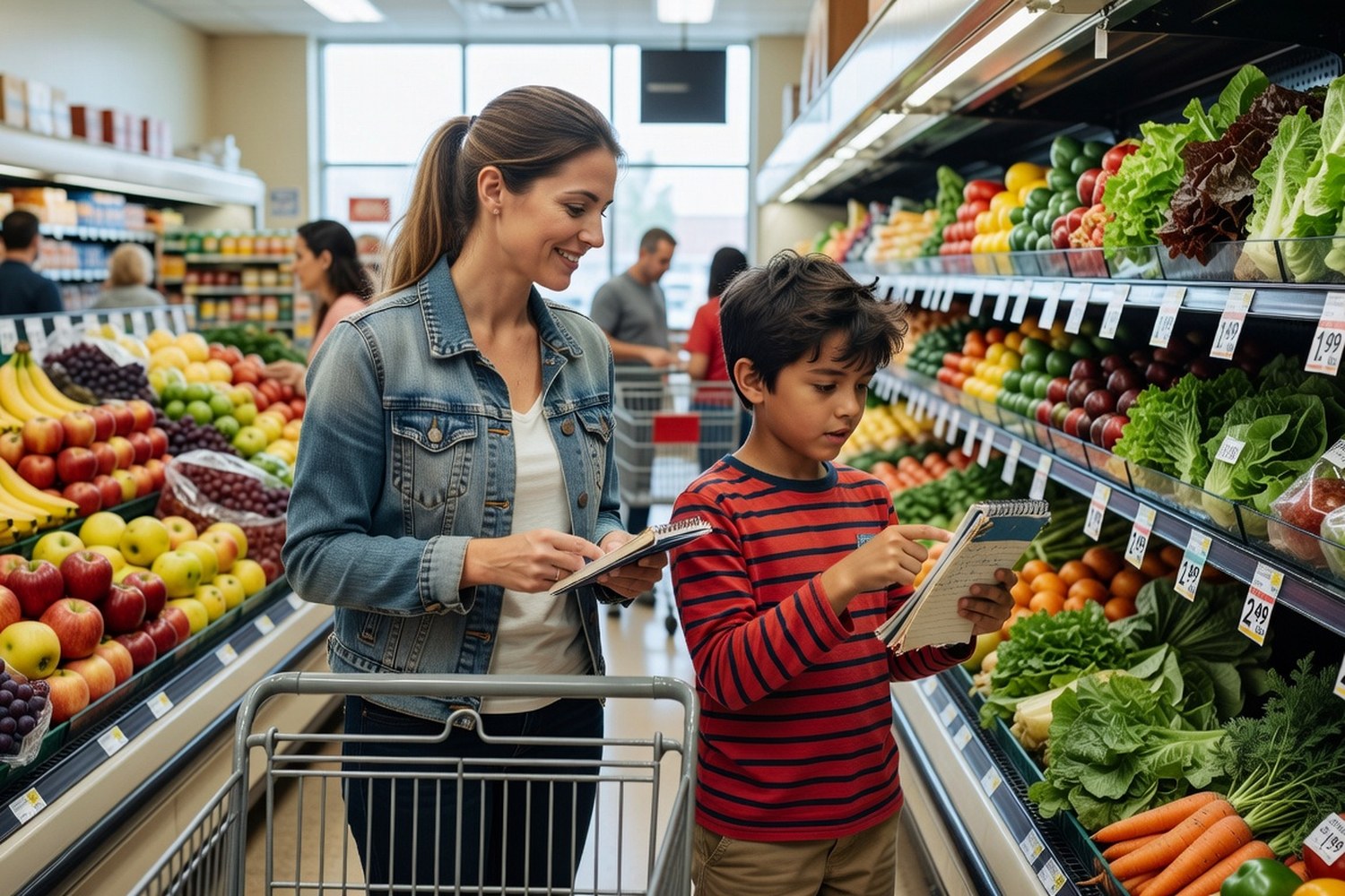 Mother and son comparing prices at grocery store