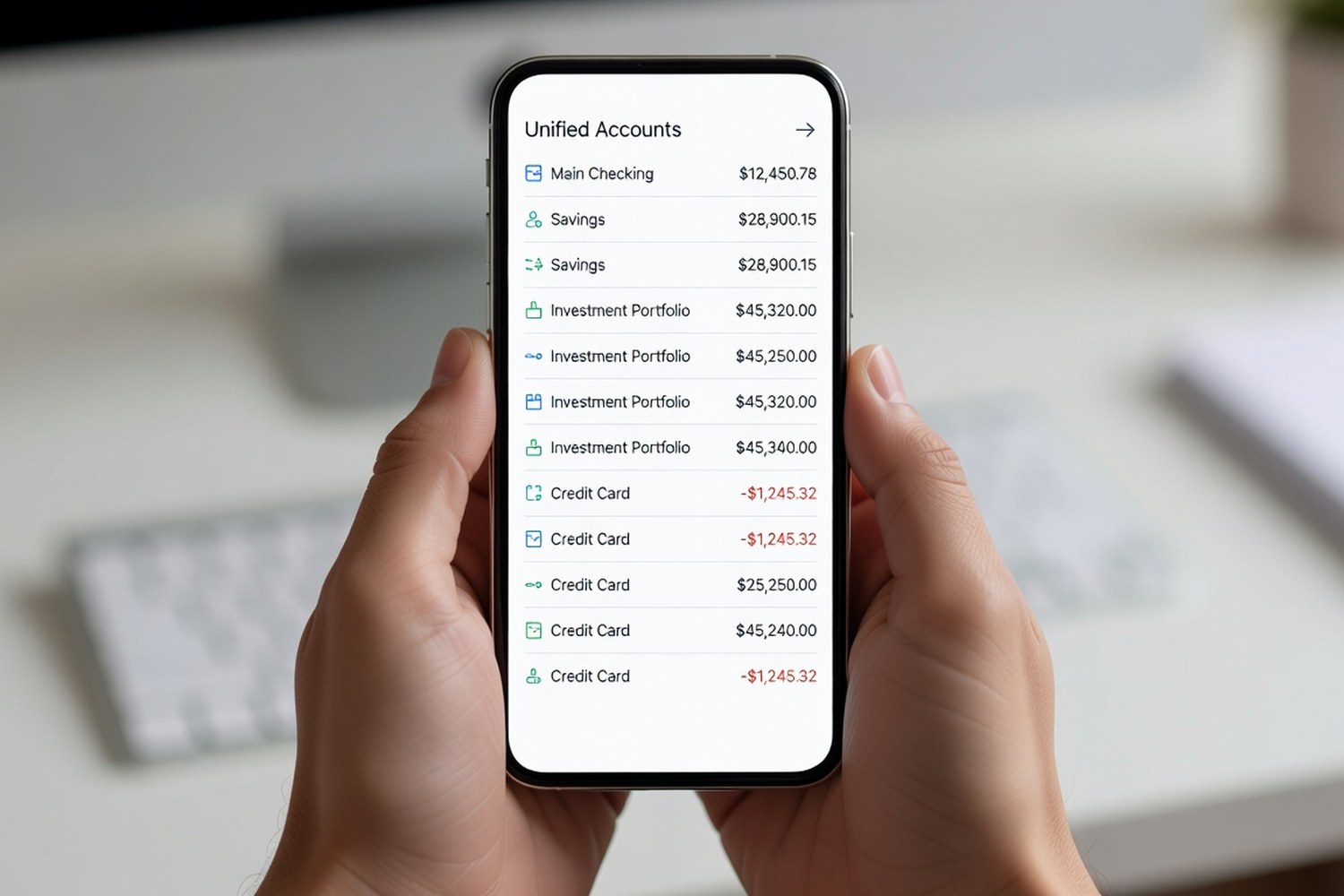 Person viewing multiple bank accounts in one financial app