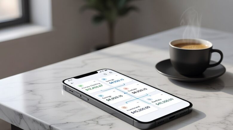Smartphone showing connected banking dashboard app