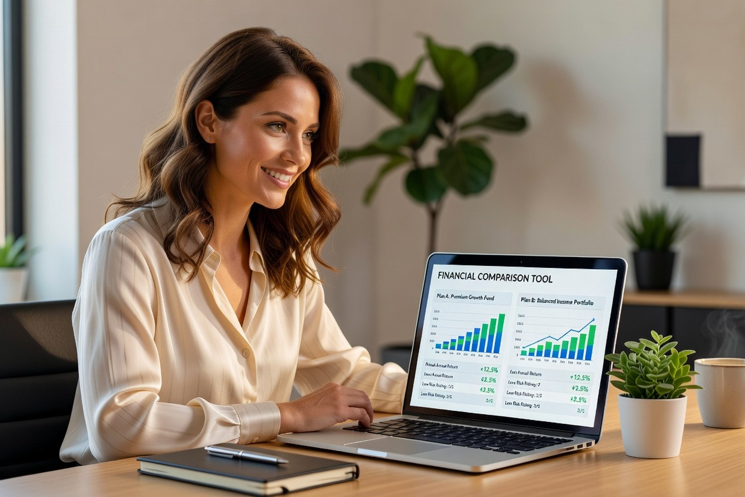 Woman comparing financial rates on laptop
