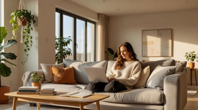 Young woman relaxing in modern apartment living room