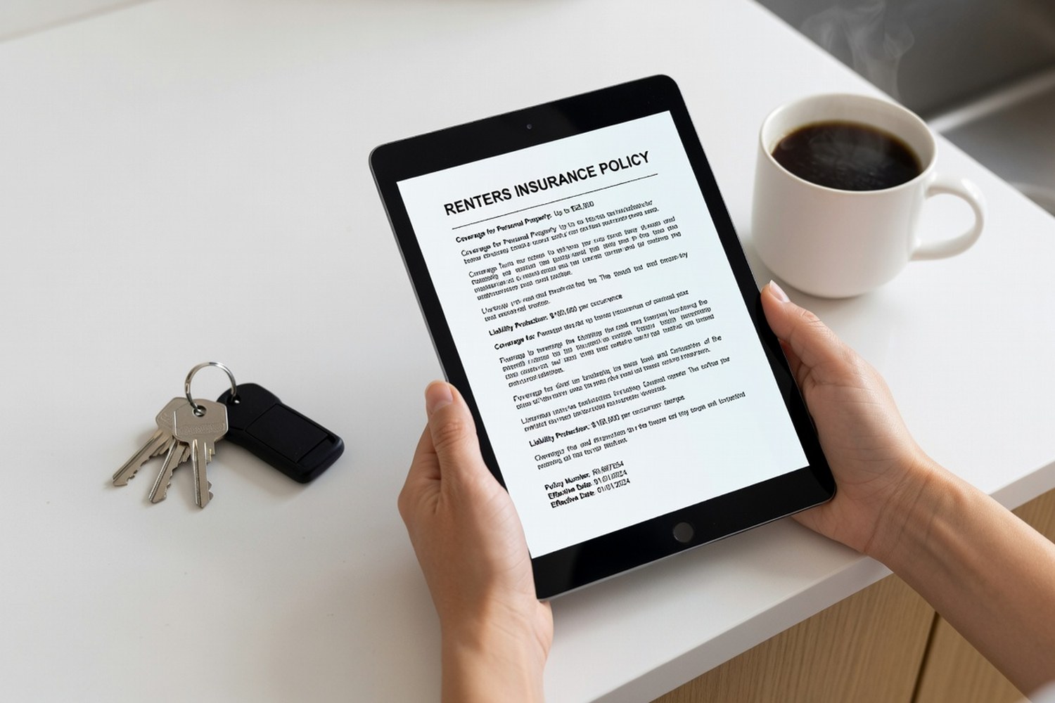 Reviewing renters insurance policy on tablet next to apartment keys