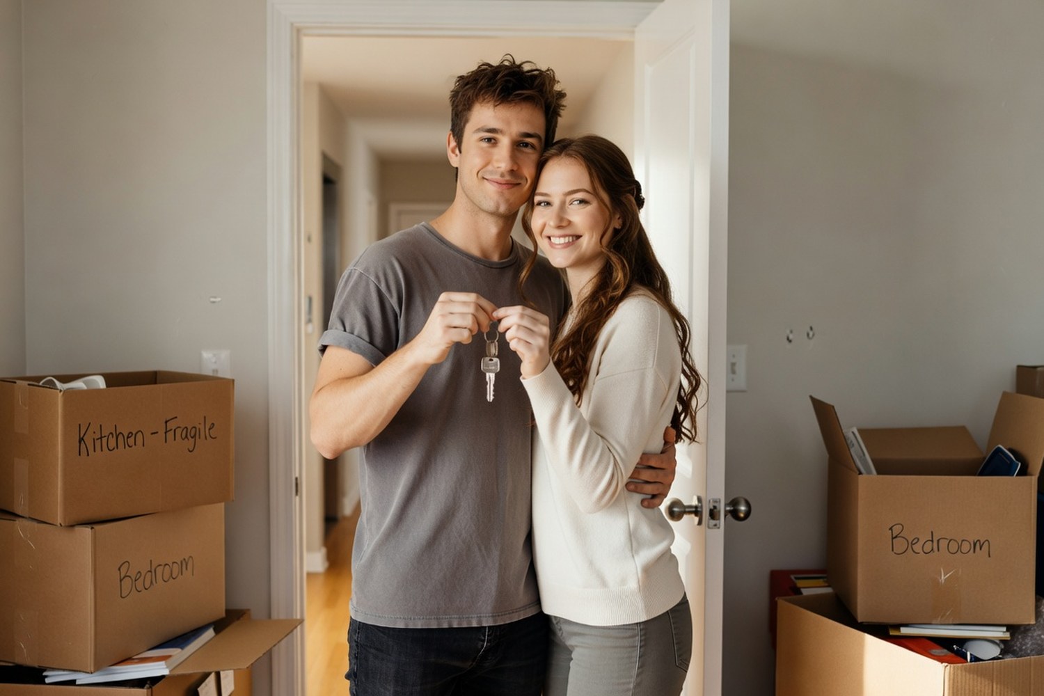 Young couple moving into new apartment with boxes