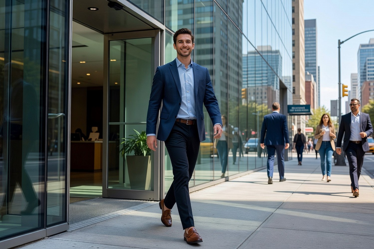 Young professional leaving office confidently after negotiation