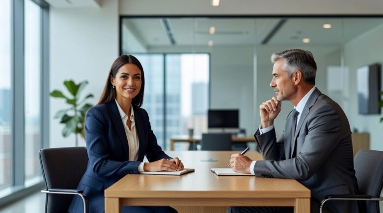 Professional woman negotiating salary in office meeting
